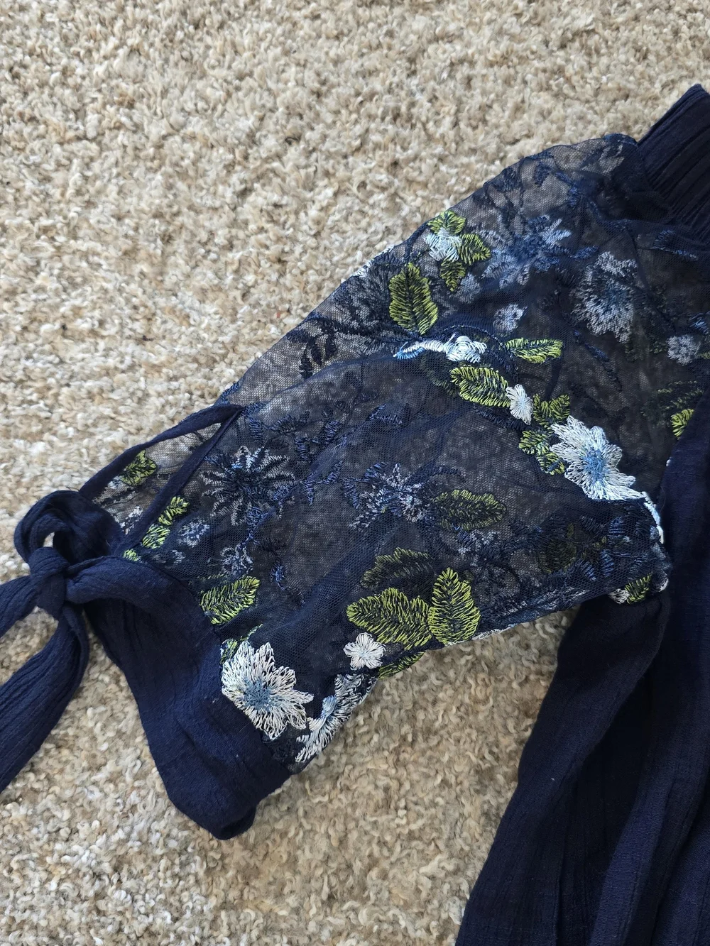 A. Byer Navy Off-Shoulder Camisole with Blue and Green Floral Embroidery